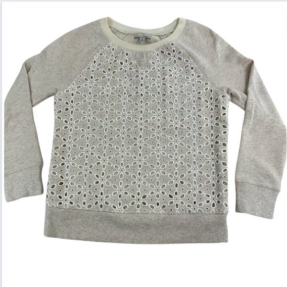 Halogen Long Sleeve Cream and Lace Front Crewneck Sweater Top, XSP - Picture 1 of 8